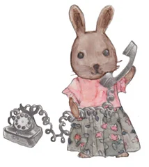 Watercolour illustration of a bunny talking on a telephone